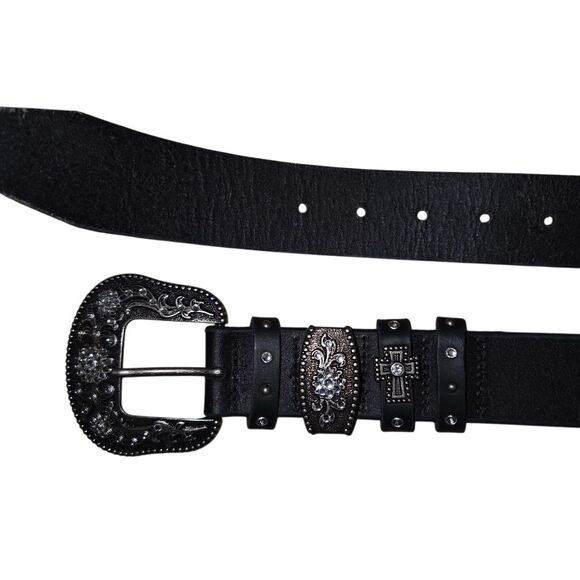 Black Leather Western Belt with Silver Rhinstone Embellished Buckle Size Large main image 8